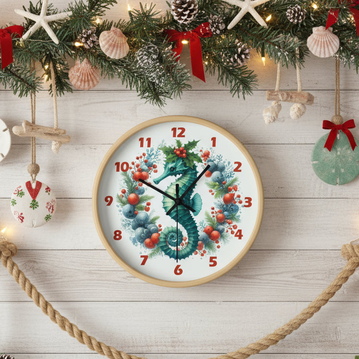 Decorative wall clock with a seahorse and floral design on a white background