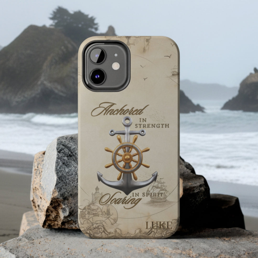 Phone case with anchor and ship wheel design that can be personalized.