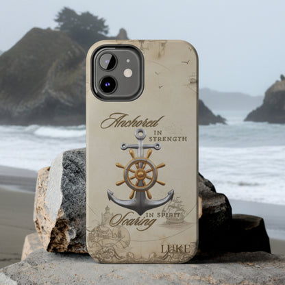 Phone case with anchor and ship wheel design that can be personalized.