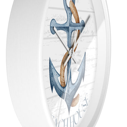 Side view of 10" round wall clock white frame white hands blue anchor with the text Personalized Name Beach House.