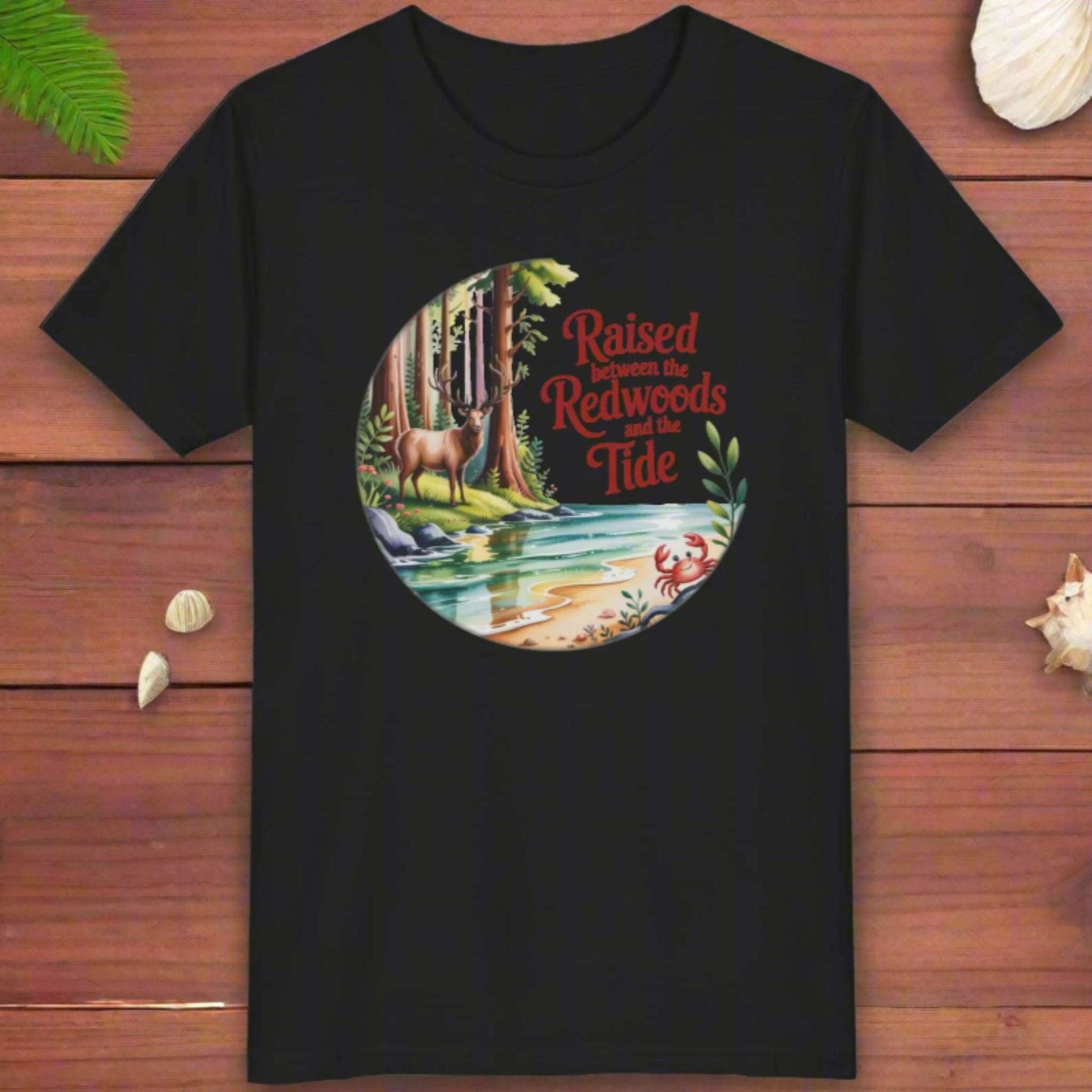 Black t-shirt with a nature-themed graphic and text on a white background