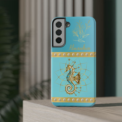 Phone case with seahorse design and 'personalized' text on a teal blue background.