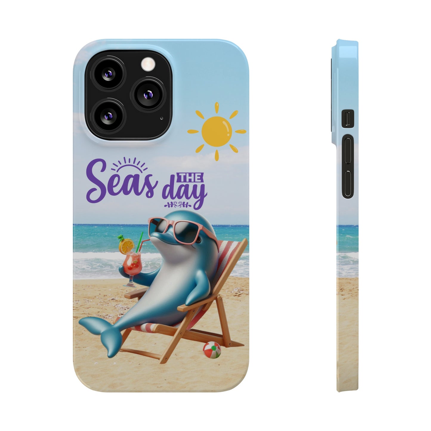 iPhone Case Dolphin sitting in beach lounge chair on beach with text Seas The Day