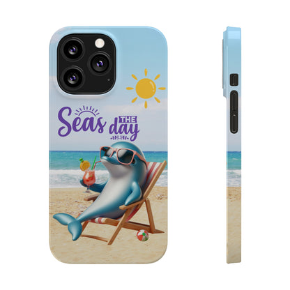 iPhone Case Dolphin sitting in beach lounge chair on beach with text Seas The Day