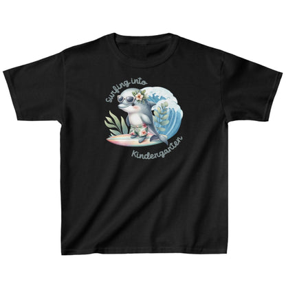 Black Child's T-shirt with surfing baby dolphin with text surfing into kindergarten