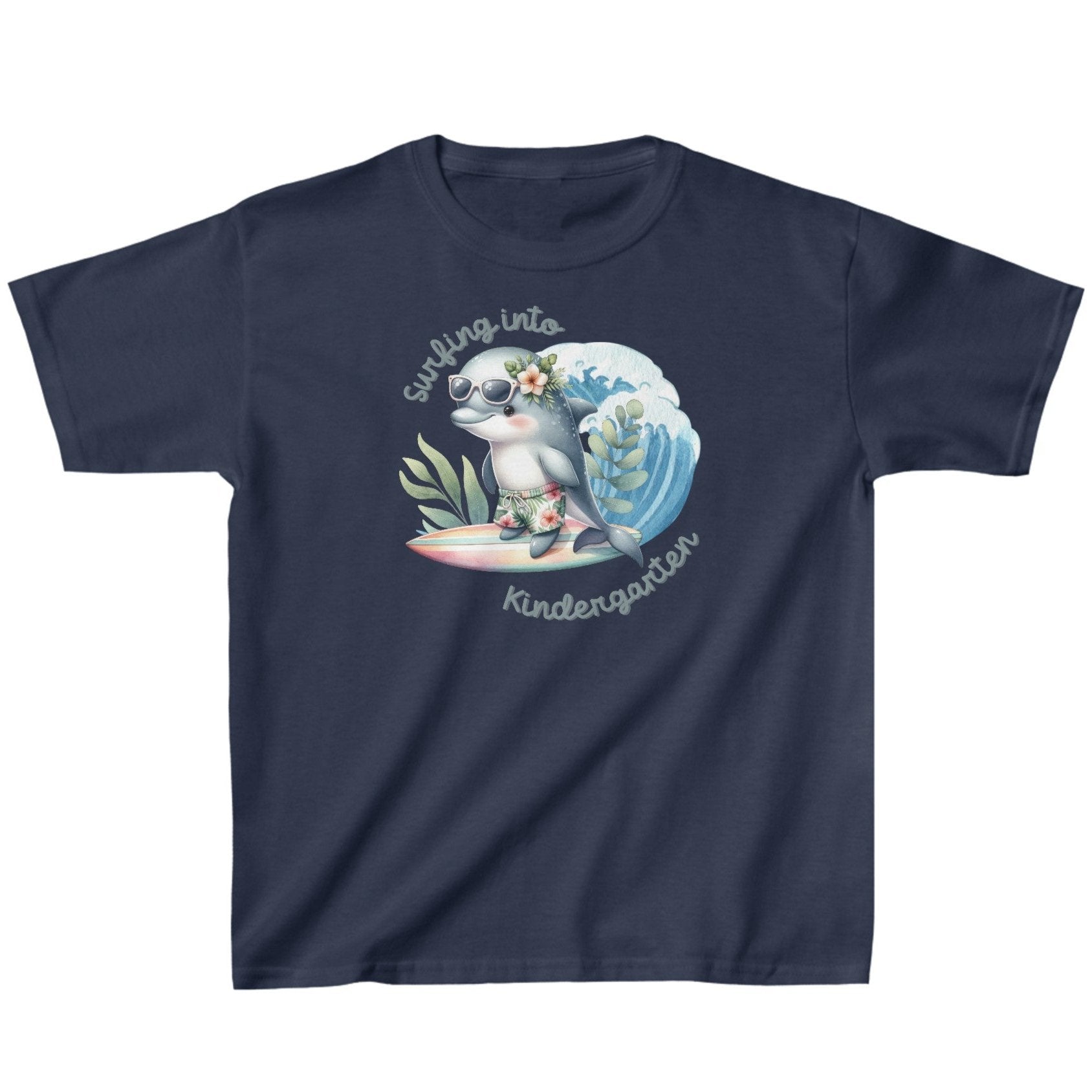 Navy Child's T-shirt with surfing baby dolphin with text surfing into kindergarten