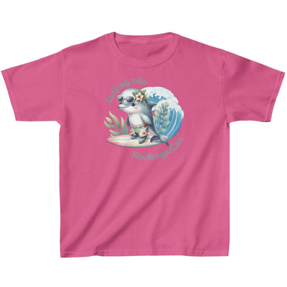 Azalea Child's T-shirt with surfing baby dolphin with text surfing into kindergarten