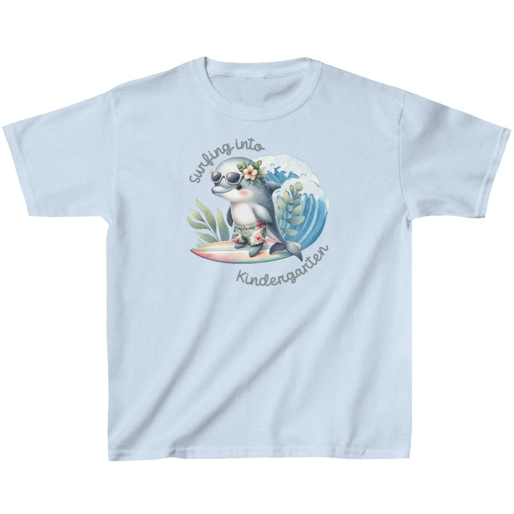 Baby blue Child's T-shirt with surfing baby dolphin with text surfing into kindergarten