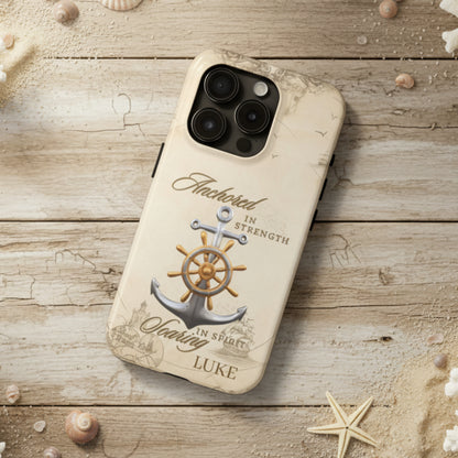 Phone case with anchor and ship wheel design that can be personalized.