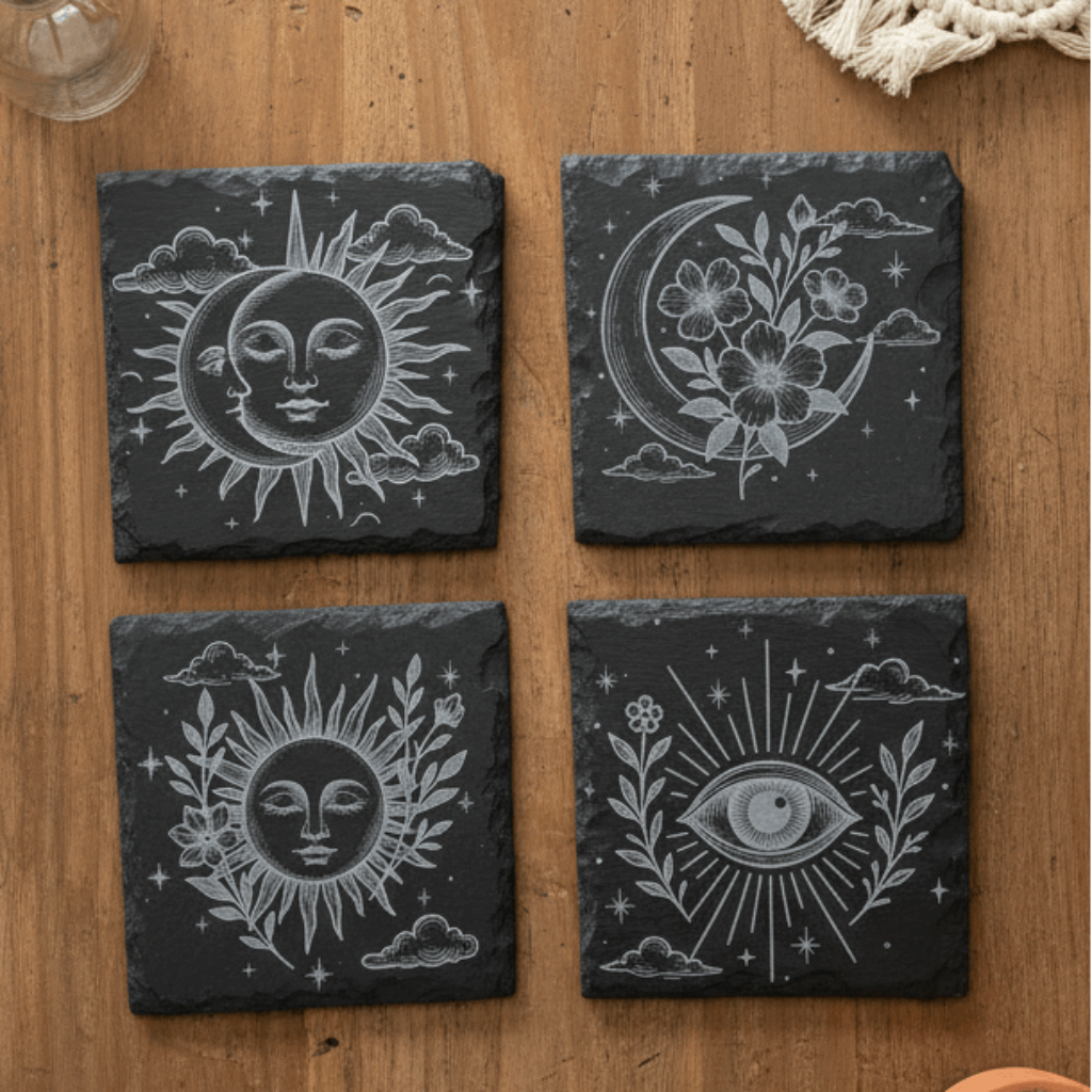 Four black slate coasters with engraved celestial designs.