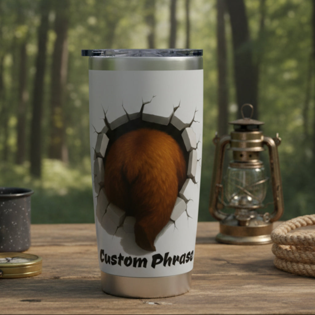 Silver tumbler with a design of a cracked surface and a bear breaking in and the text 'Custom Phrase'.