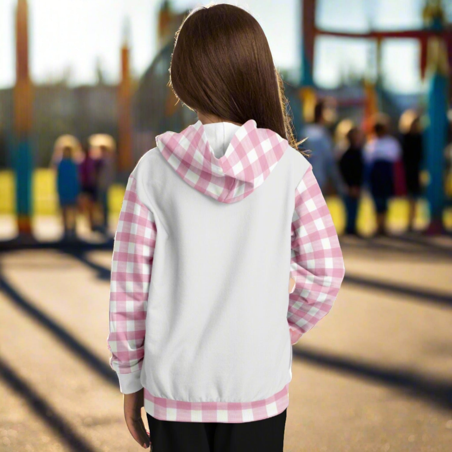 Back of Custom girl's hoodie with white front and back and pink and white gingham sleeves, kangaroo pouch and hoodie that says Living in a Beachy World in fancy font