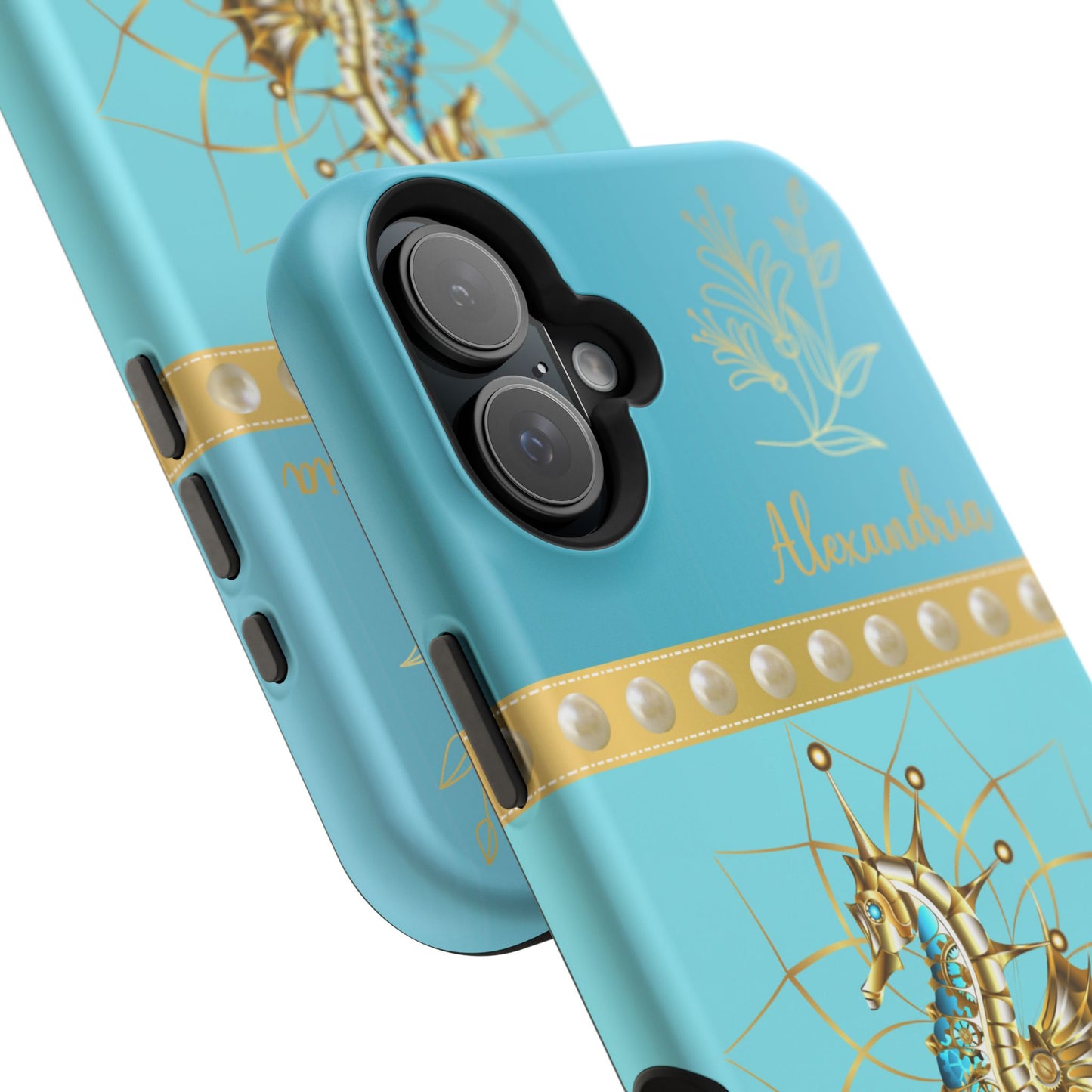 Close up of Phone case with seahorse design and 'personalized' text on a teal blue background.
