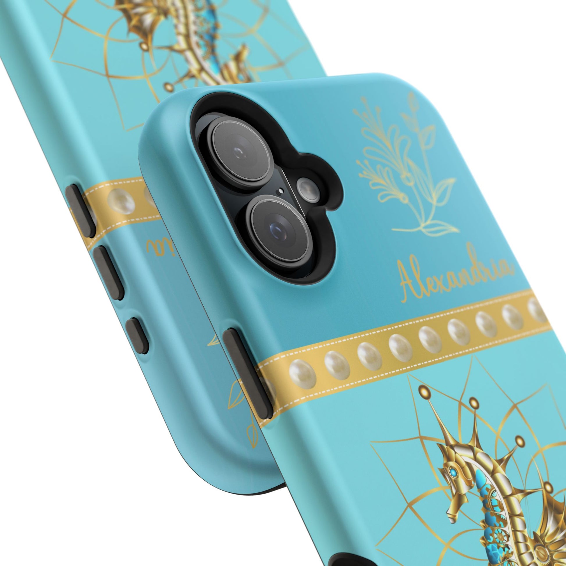 Close up of Phone case with seahorse design and 'personalized' text on a teal blue background.