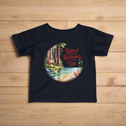 Navy blue t-shirt with a nature-themed graphic and text on a white background