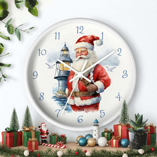 Wall clock with Santa Claus design featuring a lighthouse and birds on a white background.