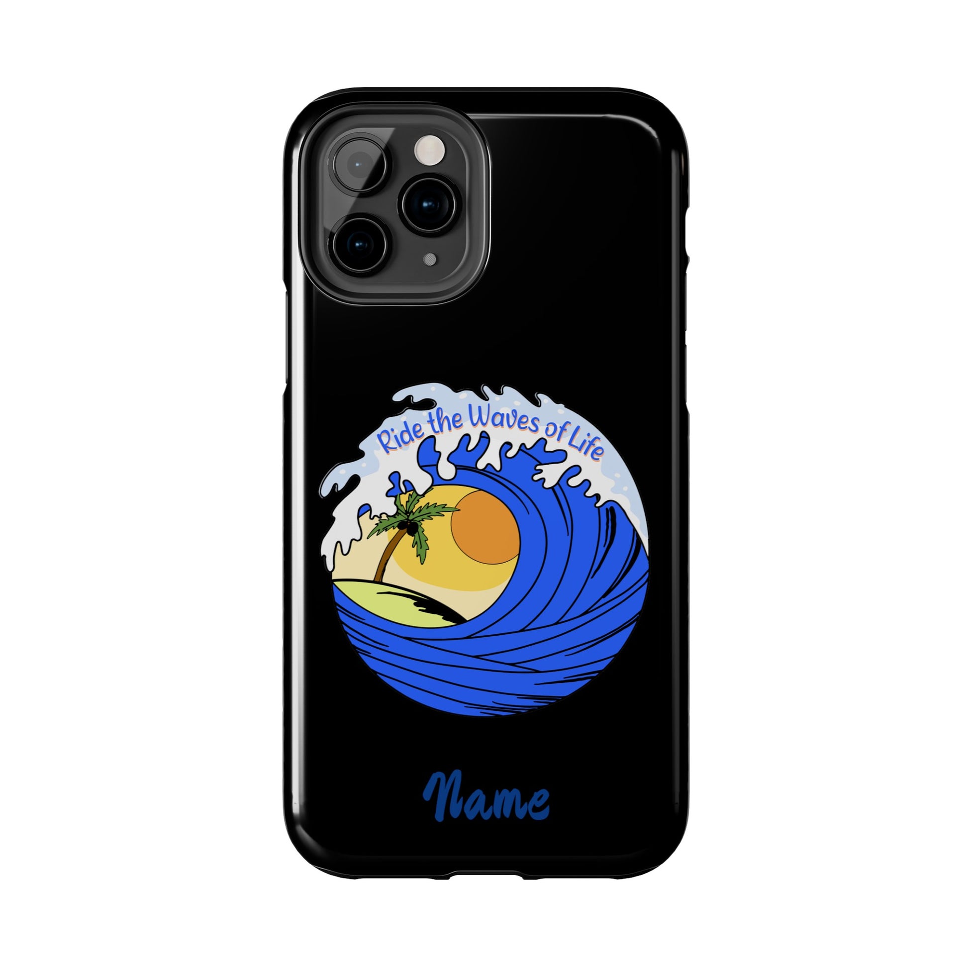 Phone case black with barrel wave with sunset in middle that says Ride the Waves of life