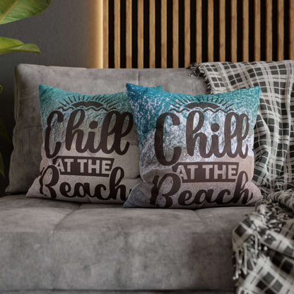 Two 16" x 16" decorative pillows with 'Chill at the Beach' text on a beach background. 