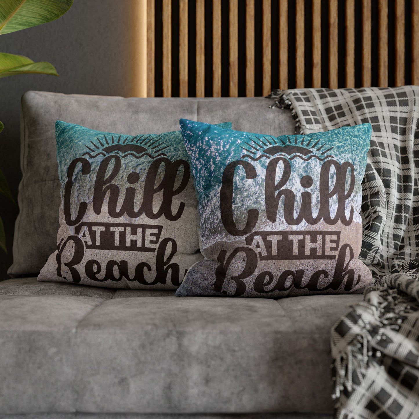 Two 16" x 16" decorative pillows with 'Chill at the Beach' text on a beach background. 