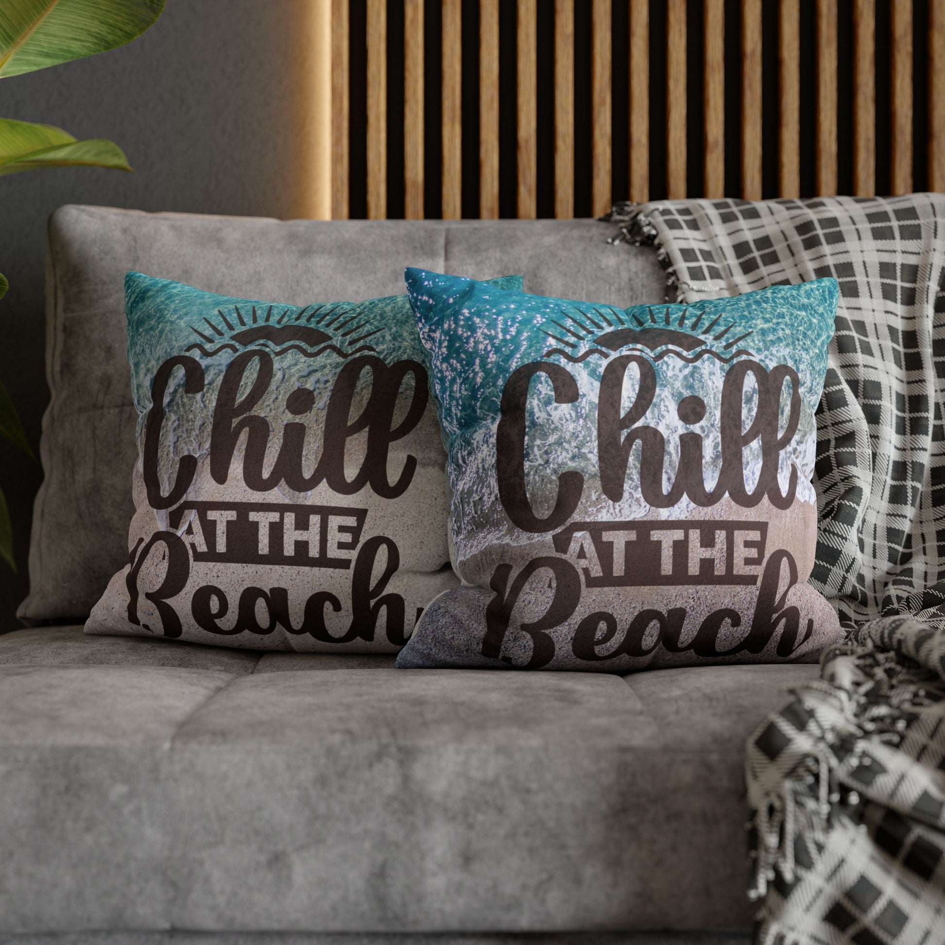 Two 16" x 16" decorative pillows with 'Chill at the Beach' text on a beach background. 
