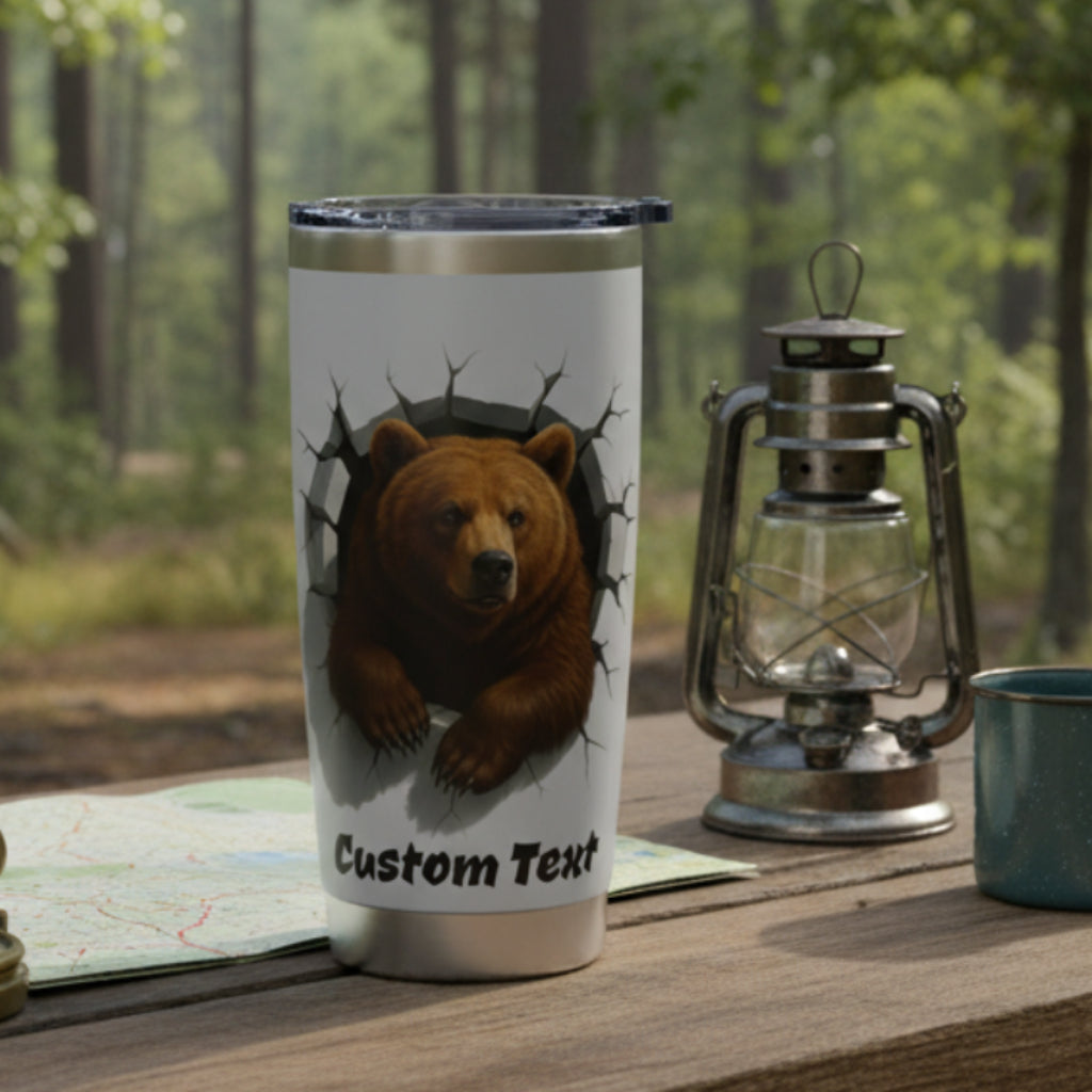 Tumbler with bear design breaking out and 'Custom Text'.