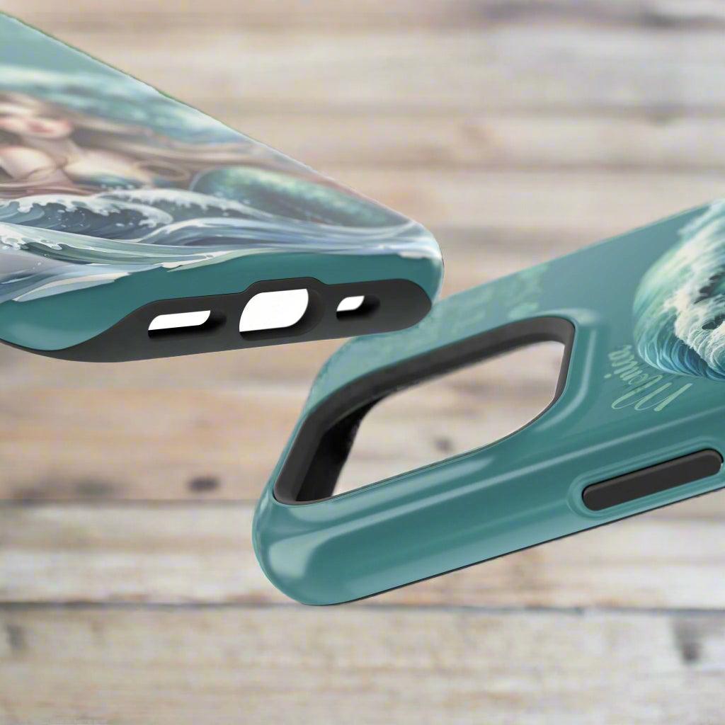 iPhone case layers with mermaid design on an aqua background with My Heart Belongs to the Sea and optional personalization.