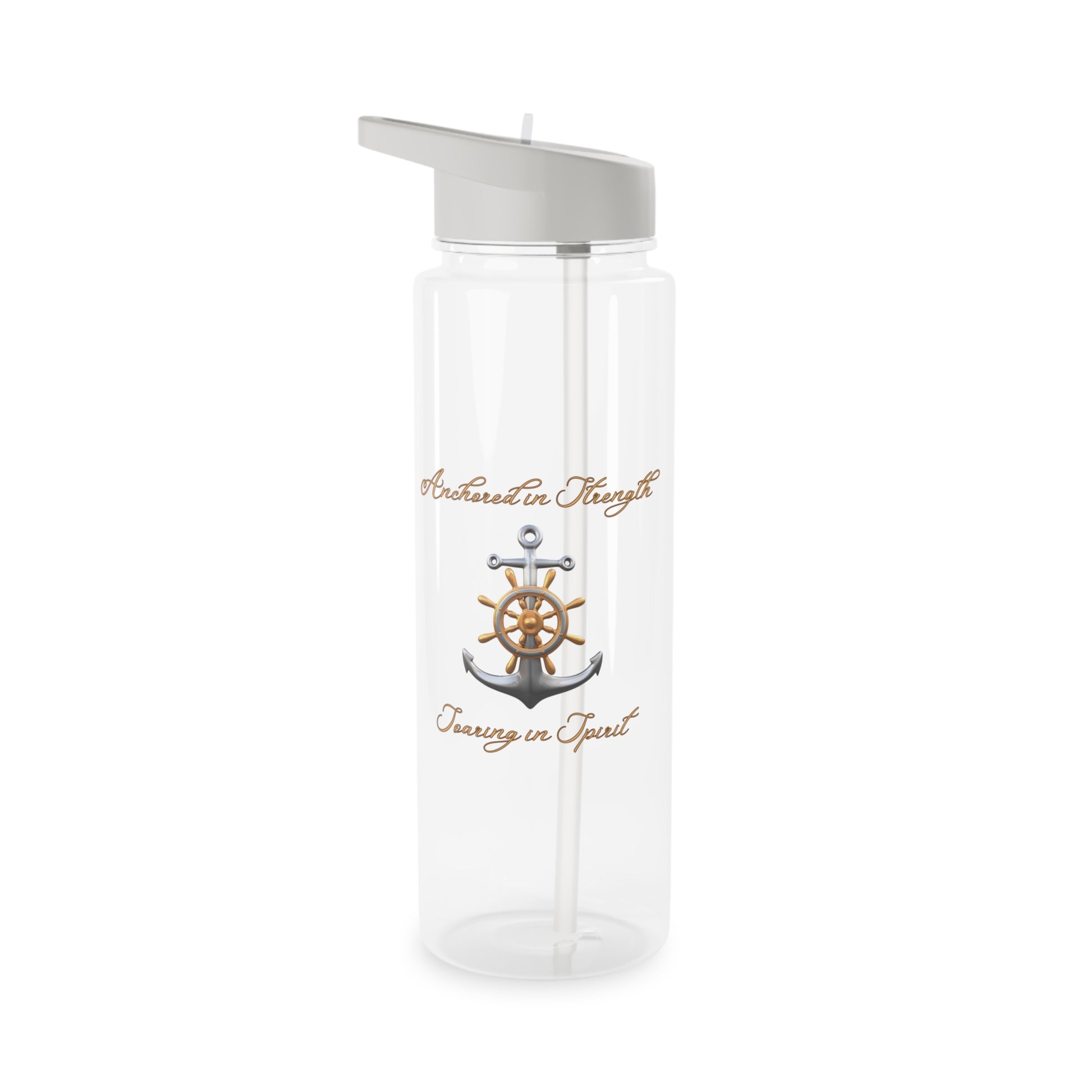 Clear Water bottle with gray lid and straw with an anchor that says anchored in strength and soaring in spirit