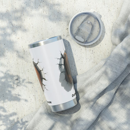 White tumbler with a cracked wall with a bear design.