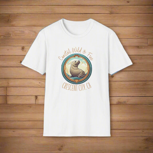 White t-shirt with a graphic of a seal and text on a white background