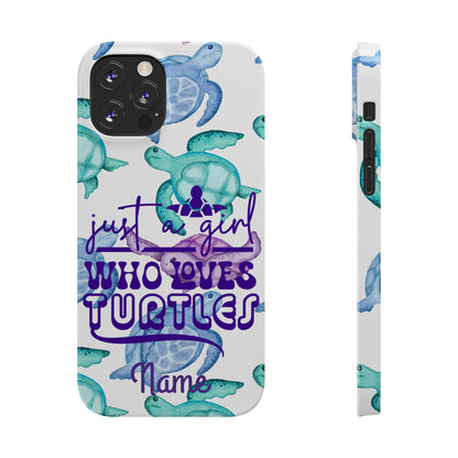 Iphone case with turquoise, blue and purple sea turtles that says  Just a Girl Who Loves Sea turtles