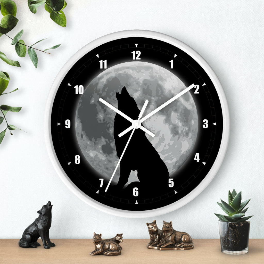 Wall clock with a wolf howling at the moon design on a white background