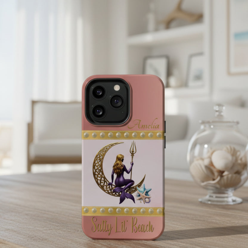 Phone case with a design of a mermaid sitting on a crescent moon, surrounded by pearls and stars, on a pink background.
