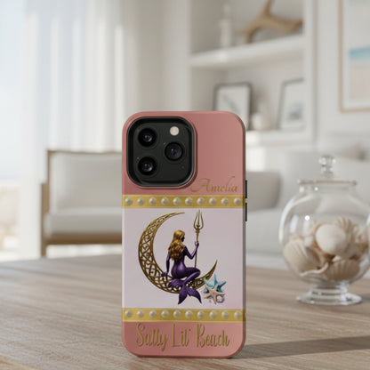 Phone case with a design of a mermaid sitting on a crescent moon, surrounded by pearls and stars, on a pink background.
