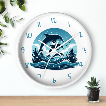 Round dolphin wall clock featuring three dolphins leaping above blue ocean waves with coastal number markers, available with a white frame and white hands.