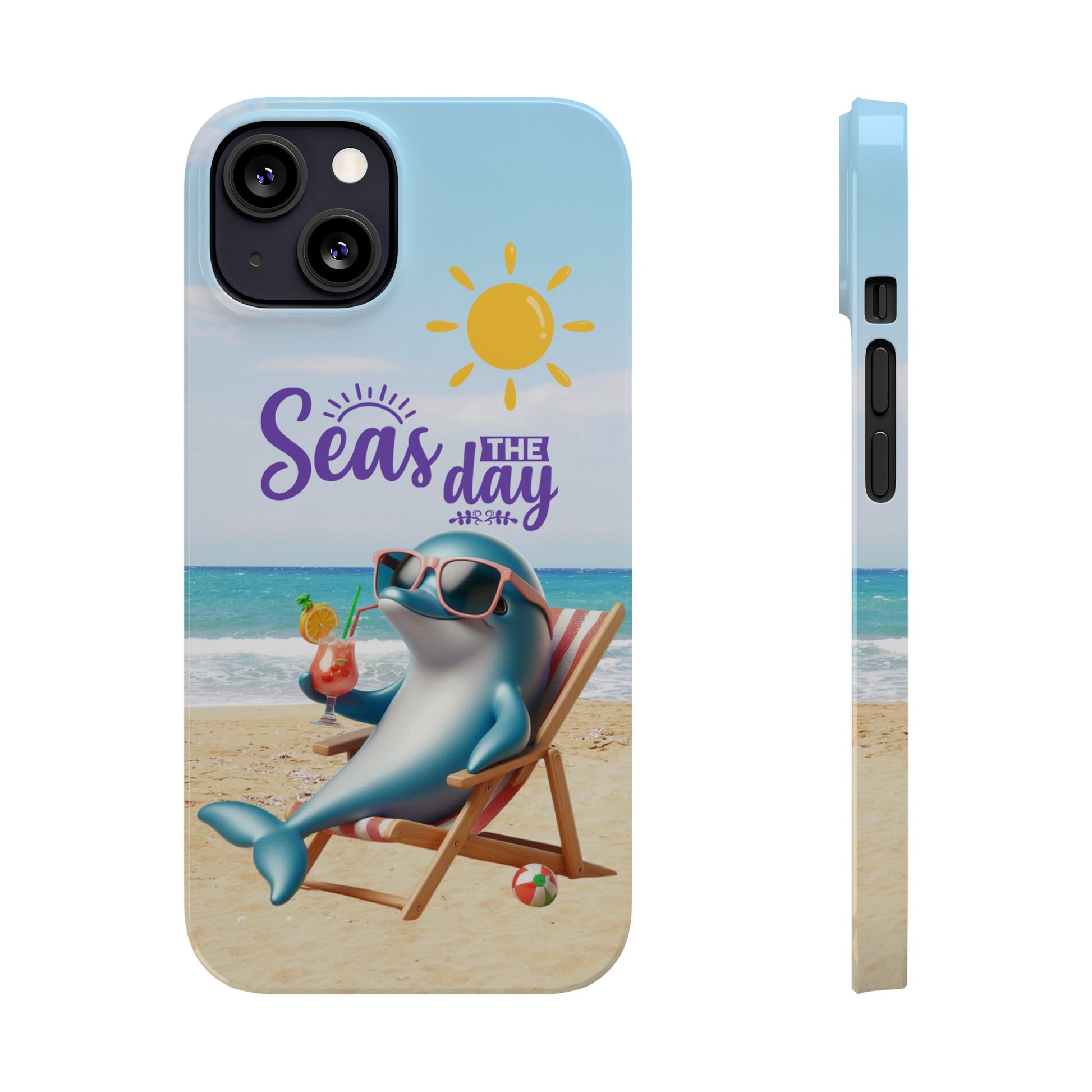 iPhone Case Dolphin sitting in beach lounge chair on beach with text Seas The Day