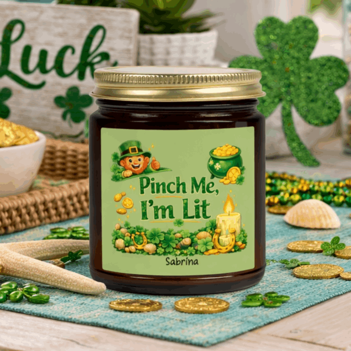 Amber candle jar with a lit candle, green label, and gold lid on with St. Patrick's Day Design and text Pinch Me, I'm Lit that can be personalized.