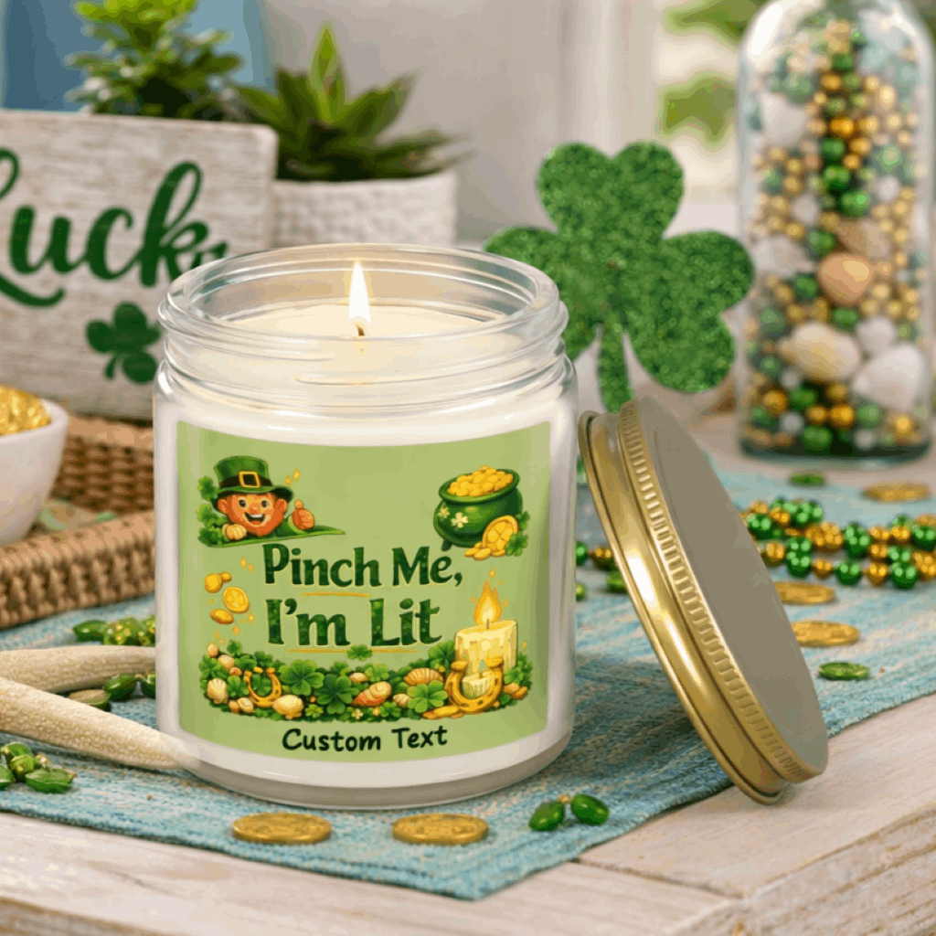 Clear candle jar with a lit candle, green label, and gold lid on with St. Patrick's Day Design and text Pinch Me, I'm Lit that can be personalized.