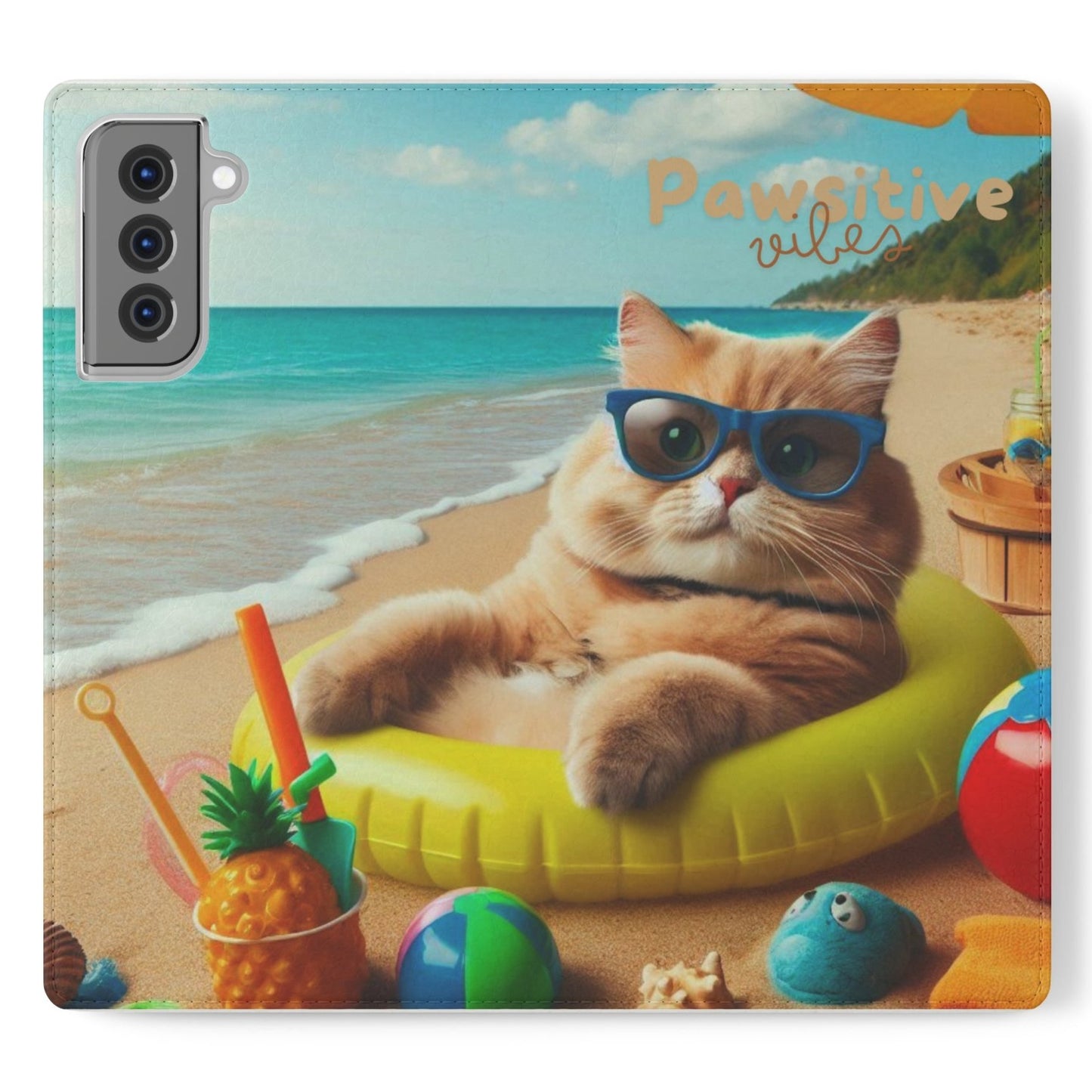 Opened phone case wallet with picture of cat lounging on beach with pool toys and drinks surrounding the cat with the text Pawitive Vibes.