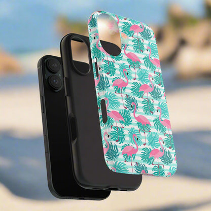 Phone case with flamingo and leaf pattern on a white background