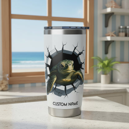 Tumbler with a turtle design and 'Custom Name' text on a white background