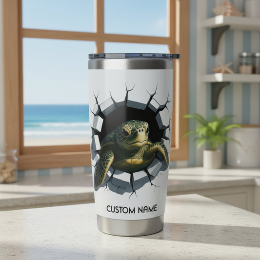 Tumbler with a turtle design and 'Custom Name' text on a white background