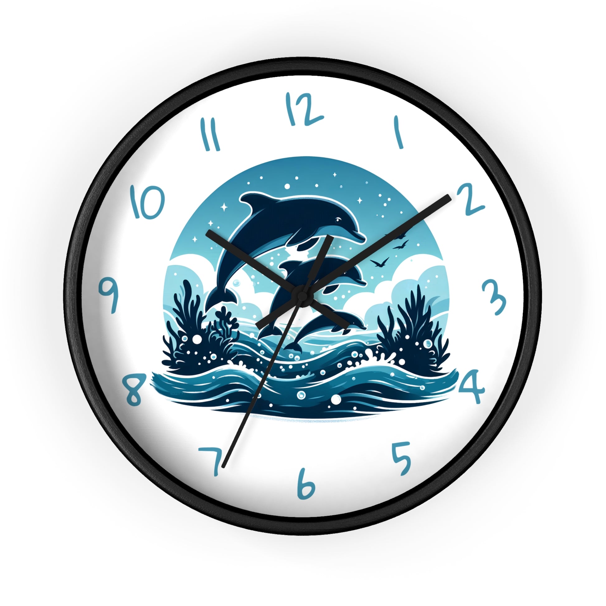 Round dolphin wall clock featuring three dolphins leaping above blue ocean waves with coastal number markers, available with a black frame and black hands.