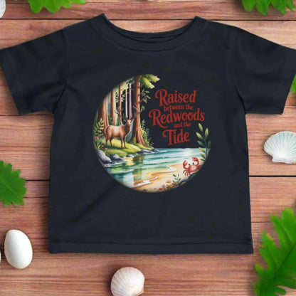 Black t-shirt with nature-themed graphic and text on a white background