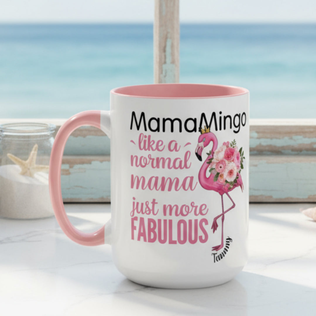 Mug with pink flamingo design and text on a white background
