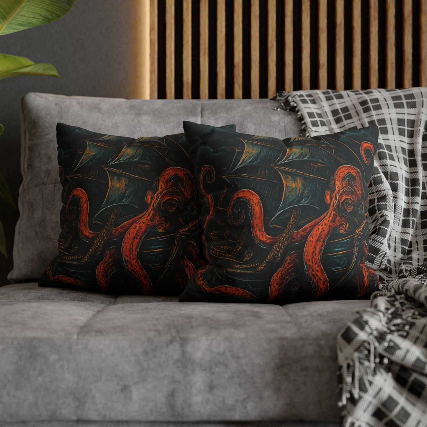 16" x 16" Black pillowcase with a design of a large octopus enveloping an old sail ship.