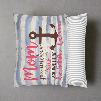 Decorative pillow with anchor design and text on a striped background