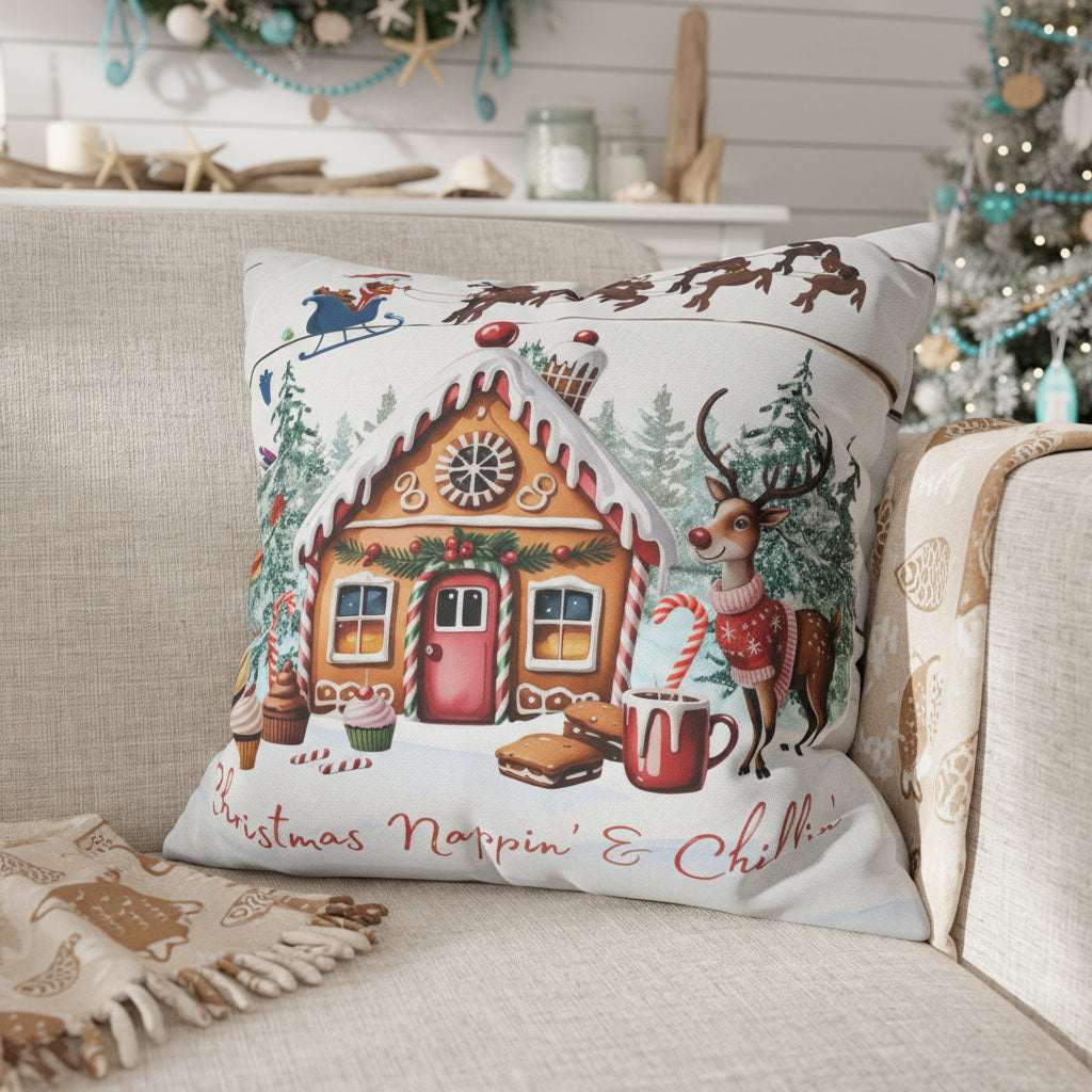 Decorative Christmas pillow with gingerbread house design on a couch.