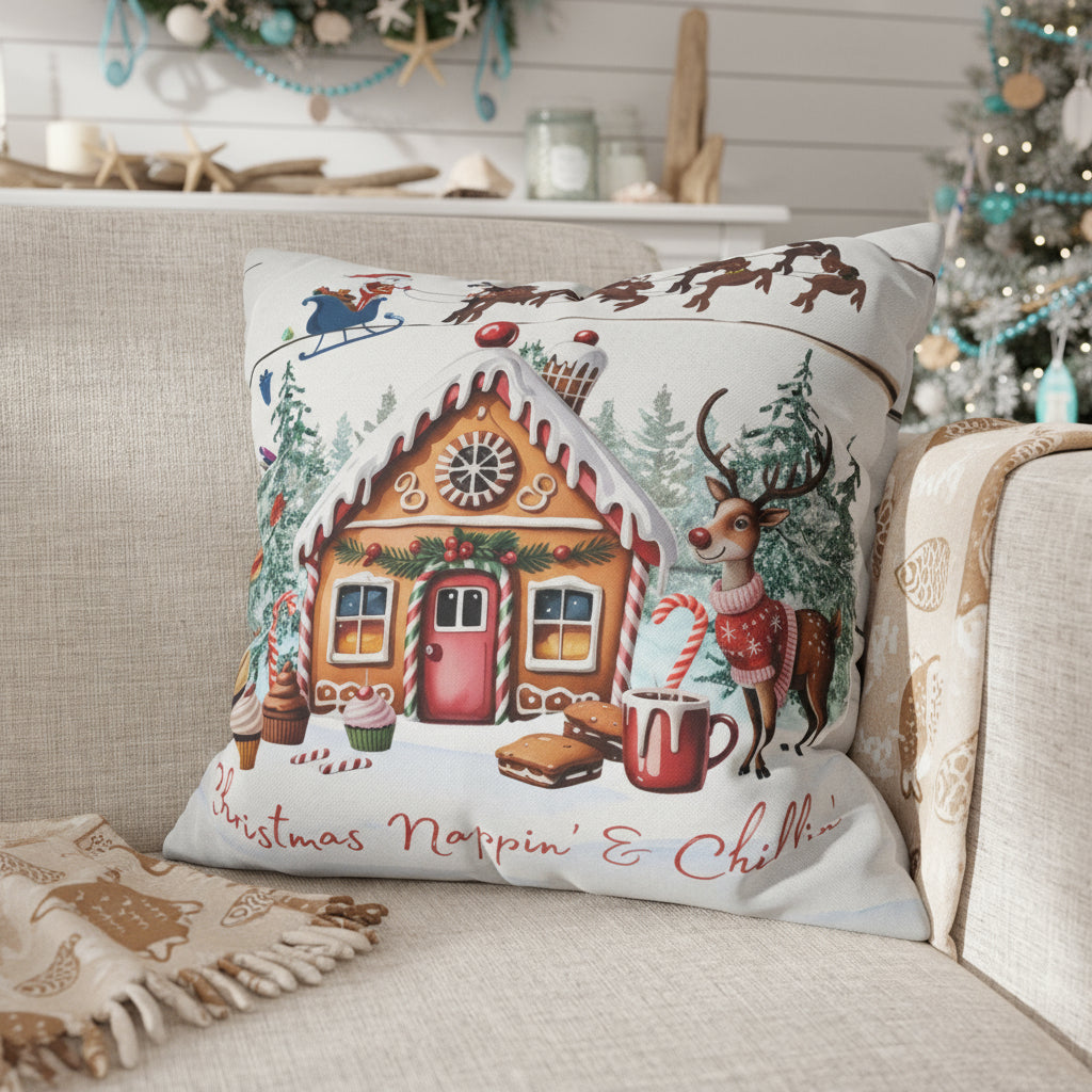 Decorative Christmas pillow with gingerbread house design on a couch.