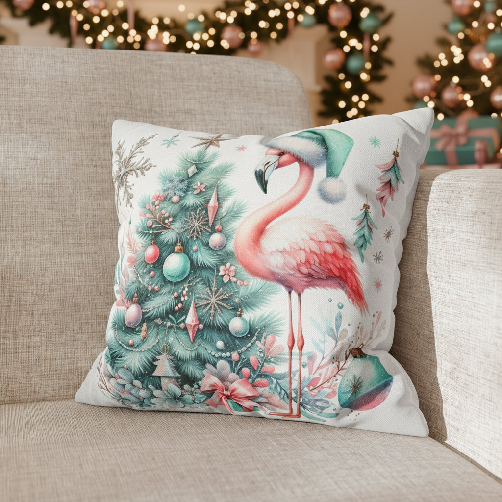 Decorative pillow with a flamingo and Christmas tree design on a couch.