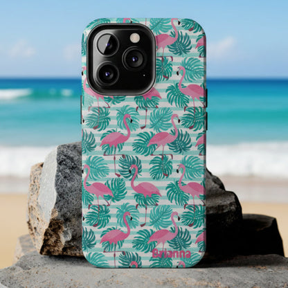 Add summer style to your phone with this custom flamingo case. Personalize with your name and enjoy tropical protection for iPhone or Samsung models.